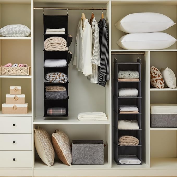 Hanging Closet Organizers and Storage, 6-Shelf Hanging Closet Shelves, Black