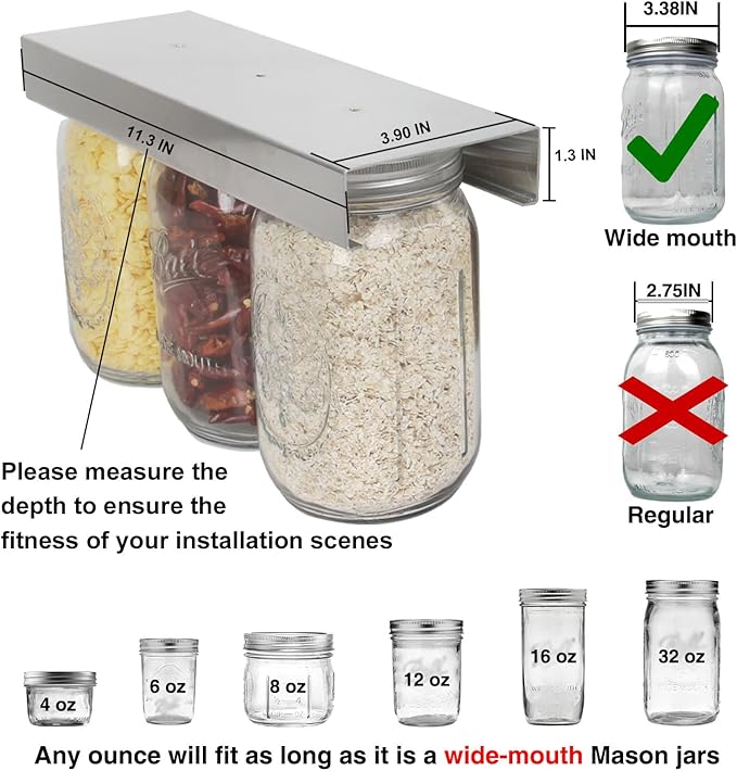 lopeztek Mason Jars Organizer, Canning Rack for 4 8 12 16 24 32 64 oz, Under Cabinet and Pantry Food Storage Hanger Accessories(2Pcs-Wide Mouth-Long)