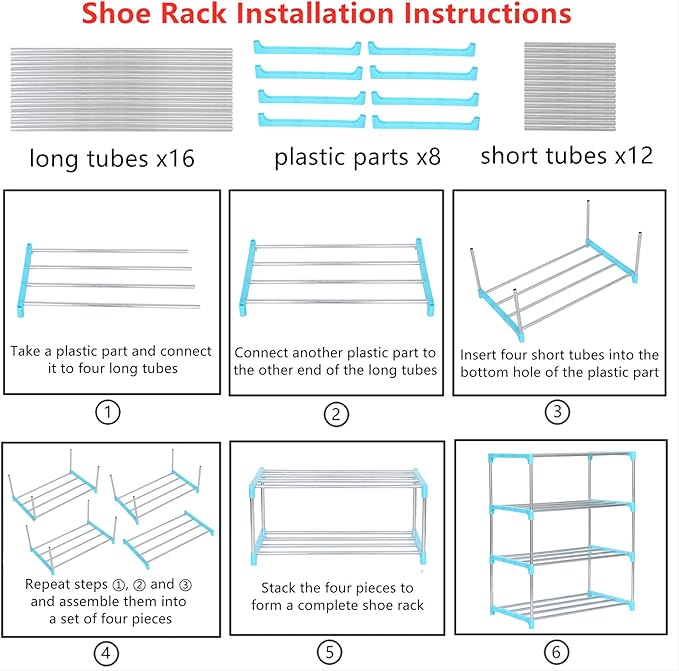 Jucaifu Stackable Small Shoe Rack, Entryway, Hallway and Closet Space Saving Storage and Organization (4-Tier, Blue)
