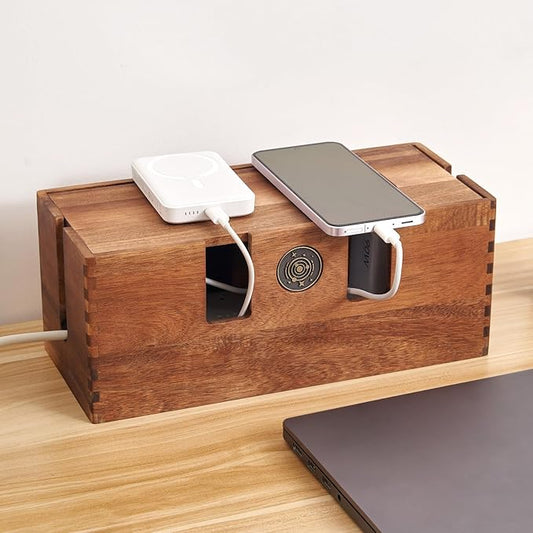 Acacia Wood Cable Management Box, Wooden Cord Hider & Organizer for Desk & Floor