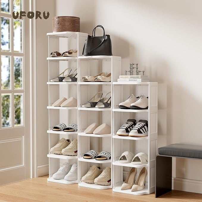 UFORU Small Shoe Rack, 7 Tier Plastic Vertical Shoe Rack for Small and Narrow Spaces, Free Standing Shoe Organizer for Closet, Entryway