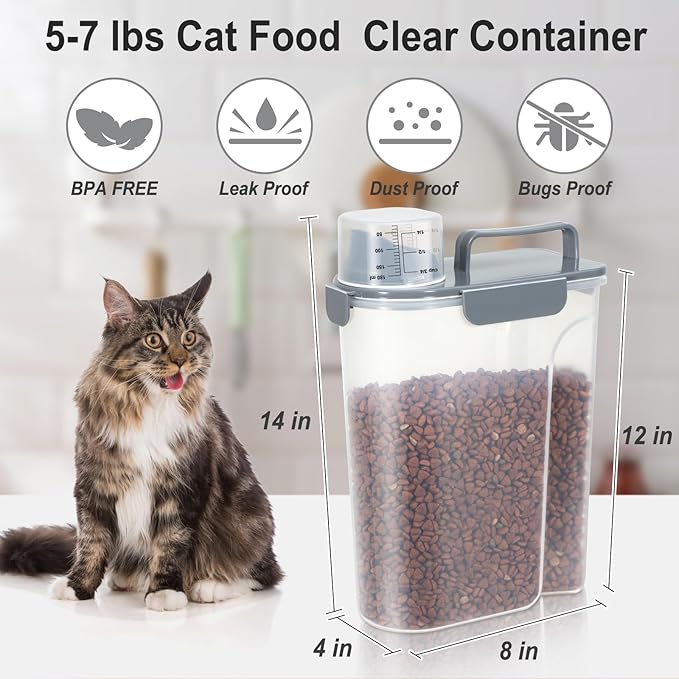 Dog Cat Food Storage Container 5-7 Lbs, Pet Food Container Airtight with Large Spout & Cup, BPA-Free Plastic Food Dispenser for Pet Food, Bird Seed, Rice, Flour (Dark Gray)