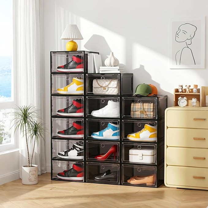 Large Shoe Boxes Clear Plastic Stackable, 8 Pack Drop Side Shoe Storage Organizer with Magnetic Door, Shoe Container Sneaker Storage Display Case Fit up to US Size 13 Black