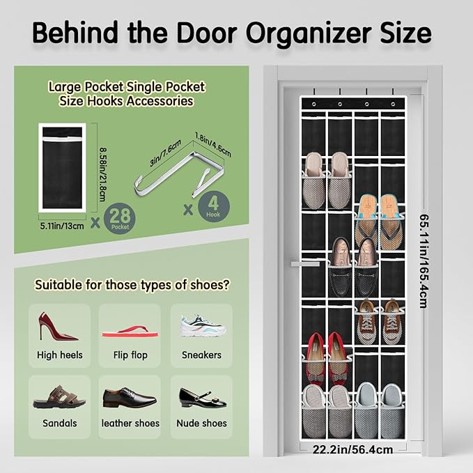Kotkn 28 Compartment Over the Door Shoe Organizer, Breathable Mesh Large Shoe Rack for Closet Storage, Space Saving Hanging Shoe Holder with Reinforced Hooks (Fits Men & Women,Black-01)