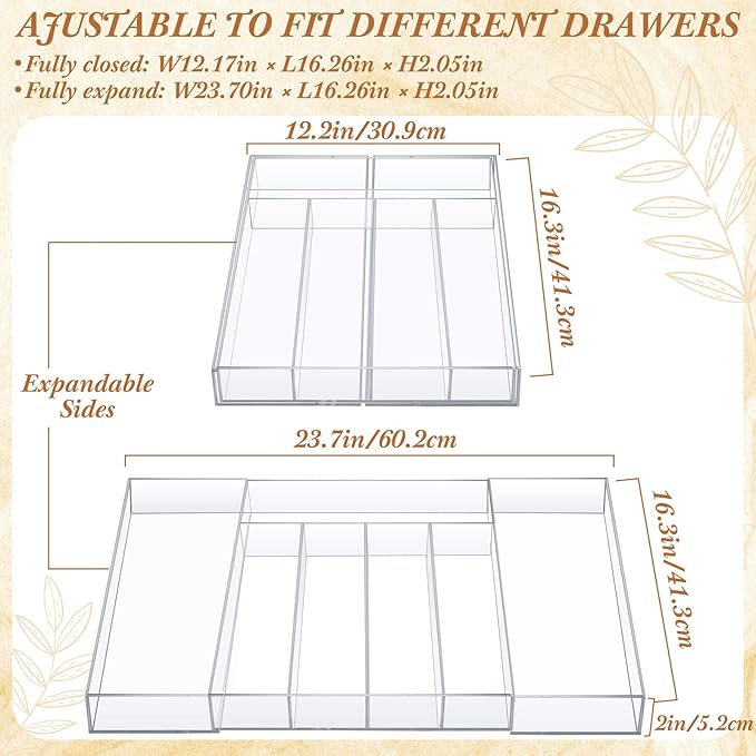 Teenyyou 1 Pack Expandable Kitchen Drawer Organizer Clear Acrylic Utensil Organizer Adjustable Acrylic Silverware Storage for Drawers Silverware Flatware Knives (12 x 16 Inches,5-7 Compartments)