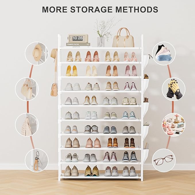 LUKYTOWER Tall Shoe Rack 10 Tier Shoe Racks Organizer for Closet 40-45Pairs,Large Capacity Storage Rack for Shoes with 5Hooks,Sturdy Shoe Shelf, Vertical Shoe Stand Tower