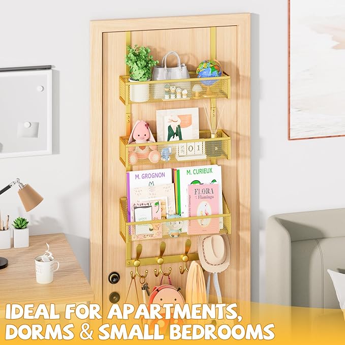 Kaiferty Over The Door Hooks Organizer, Coat Rack Over The Door Storage Hanger Towel Rack, Back of Door Storage Organizer for Bathroom,Bedroom,Kitchen,Office (Gold, 4-Tier)