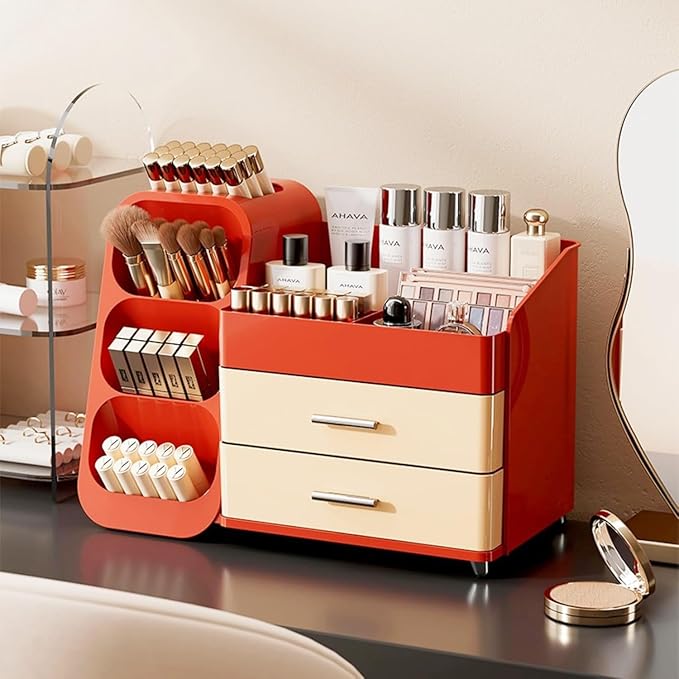 Makeup Organizer with Drawers, Red and Cream