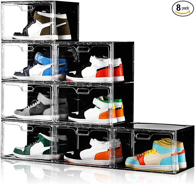 Amllas New 8 Pack Shoe Boxes Stackable, Large Shoe Storage Organizer with Lids,Drop Side Shoe Containers for Entryway,Sneaker Storage Fit up to US Size 13 for Men/Women(13’’x 10.6”x 8.3”)