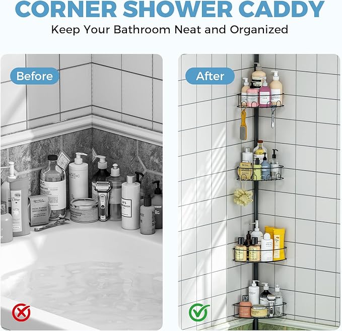 Corner Shower Caddy Tension Pole，4 Tier Adjustable Bathroom Organizer