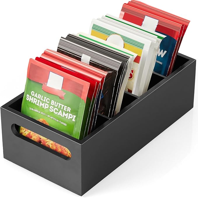 DRASTAR Pantry Organization and Storage Bins, Seasoning Packet Organizer with Removable Dividers,Wooden Storage Caddy for Kitchen, Pantry, Cabinet, Countertop, Black
