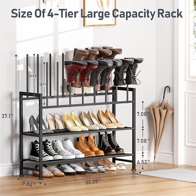 DIMJ Boot Rack 4-Tier - Black Metal Boot Storage Rack for Tall Boots Organizer Tall Boots, Multiuse Shoe Rack for Boots, Sneakers, High-Heel, Entryway, Fits 8 Pairs