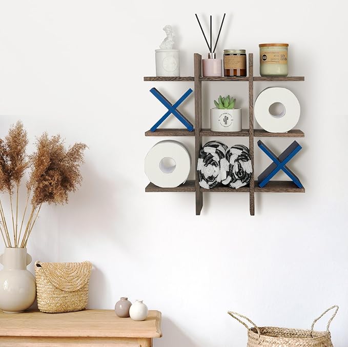 Weysat Tic Tac Toe Toilet Paper Holder Stand Bathroom Wall Decor Rustic Wooden Hanging Storage Freestanding Wall Mounted Shelves Decor for Toilet Tissue Farmhouse