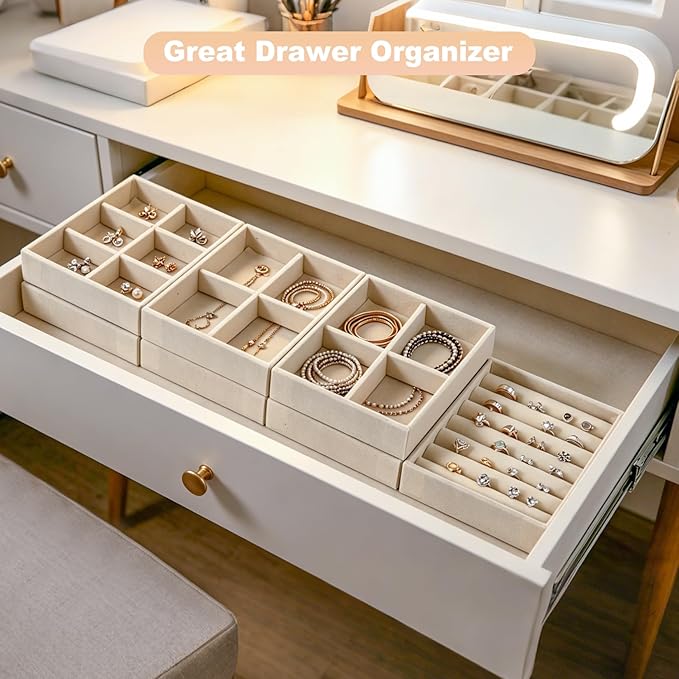 8-Piece 6" Velvet jewelry drawer organizer inserts Removable Dividers, Stackable Drawer Organizer for Rings Earrings Makeup, Vanity Dresser Storage
