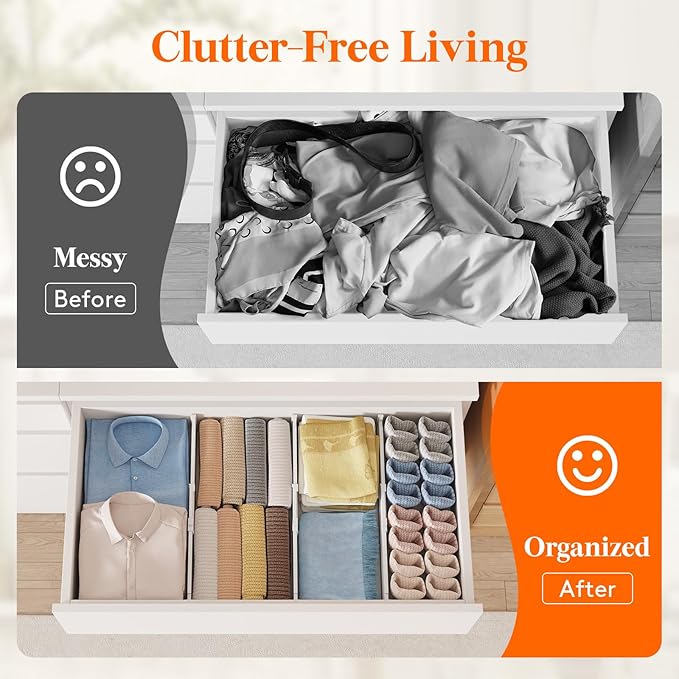 Lifewit 5 Pack Drawer Dividers for Clothes, 4" High 13.8"-22.2" Expandable Dresser Drawer Organizers, Adjustable White Plastic Separators for Kitchen, Cabinet, Nursery, Socks & Underwear Storage