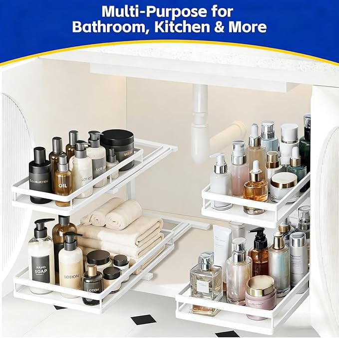 Under Sink Organizer, Dual-Rail Ball-Bearing, Under Kitchen Sink Organizer, 6-Level Adjustable, Under Cabinet Organizer, No-Drill Adhesive/Suction, Under Sink Storage (White, Double Layer - 2 Pack)