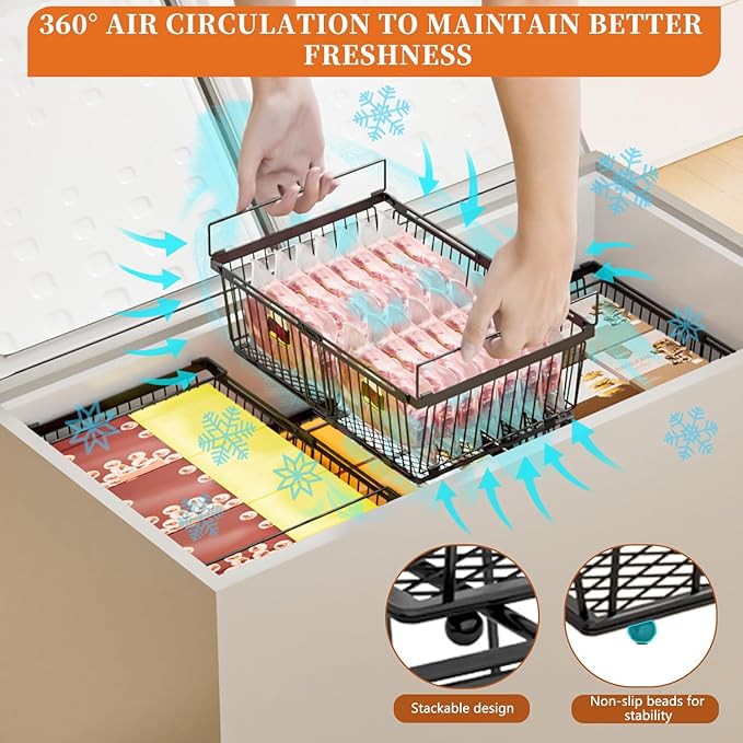 Large Freezer Organizer Bins，Upgraded Bottom Leak-Proof net，Fit 10 to 20 Cu.Ft Deep Freezer，2 Pack， Expandable Stackable Chest Freezer Organizer Bins , for Fridge, Deep Freezer, Cabinet