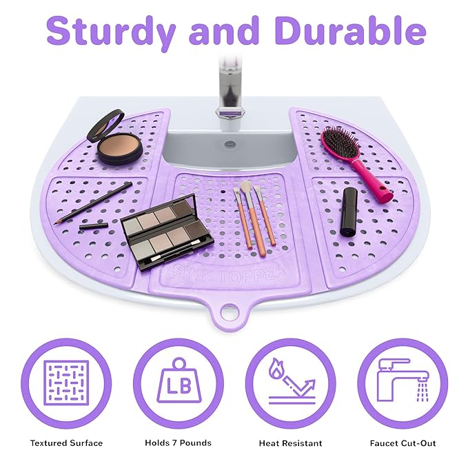 Sink Topper Bathroom Counter Cover & Storage Saver, Foldable Silicone Mat for Hot Tools, Hair Styling & Makeup, Beauty Brush Cleaning Mat, RV Camper Sink Cover & for Small Spaces (Standard Lavender)