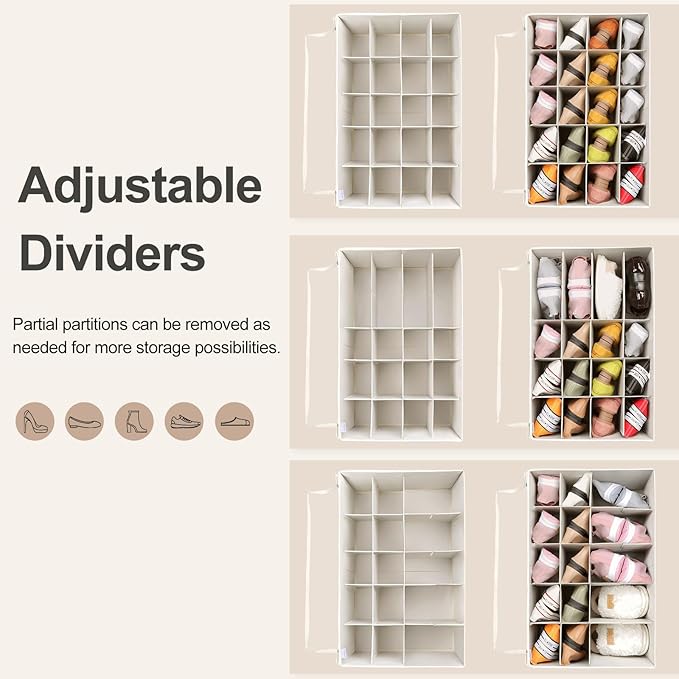 TOPIA HOME Shoe Organizer for Closet, Foldable Shoe Box with Adjustable Dividers and Clear Cover, Space Saving Shoe Storage Organizer Cabinet with Reinforced Handles, Fits 20 Pairs, Beige TP10Y