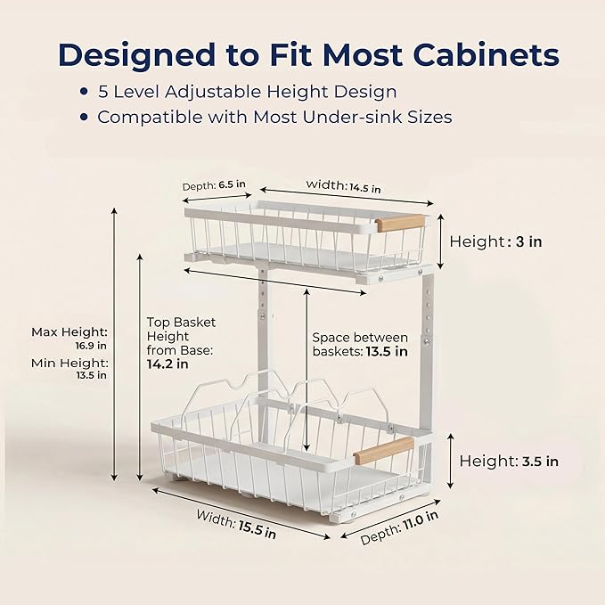 Under Sink Organizer with Motion-Activated LED Lights, 2 Pack, 2 Tier Sliding L-Shaped Carbon Steel Rack with Adjustable Height, Dividers & Hooks (White)