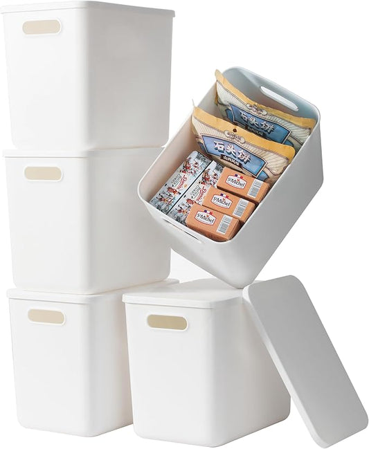5 pack large plastic White storage bins with Lids, White, 5L