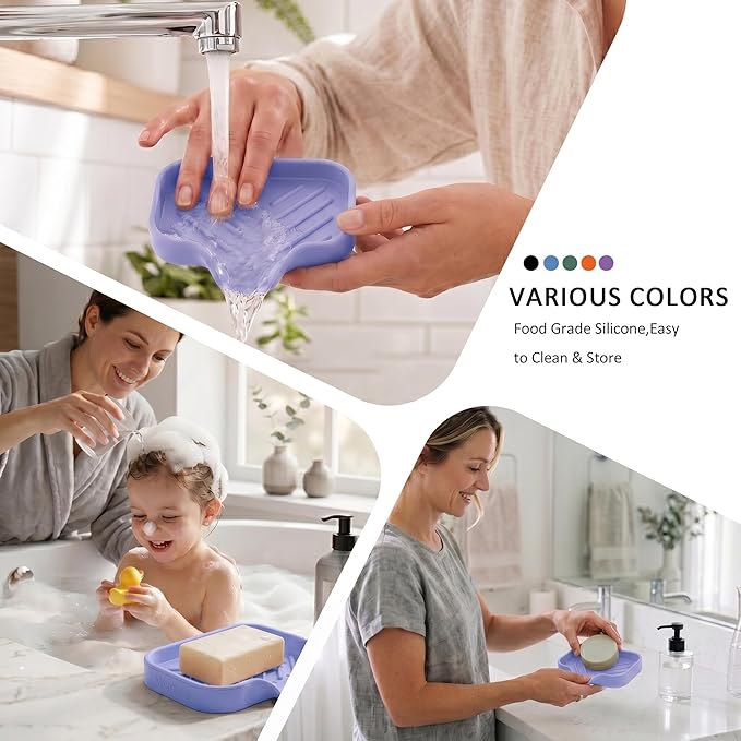 MicoYang Silicone Soap Dish with Drain Spout — Self-Draining Sink Organizer Tray for Bathroom & Kitchen, Holds Bar Soap, Sponges & Dispensers, Non-Slip & Dishwasher Safe,Light Purple(Small,4.9"×3.2")