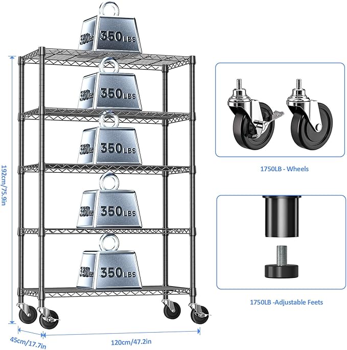 5-Tier Storage Shelving Unit with Wheels, Basement