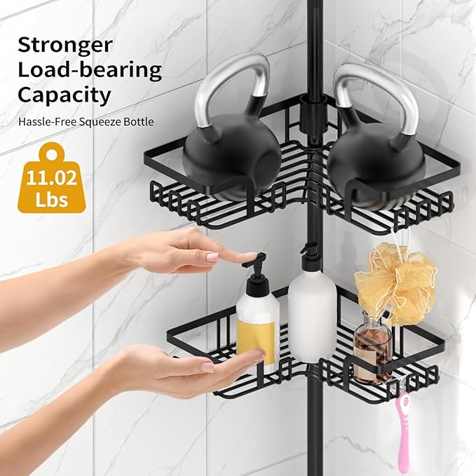 Shower Caddy Tension Pole with 2 Towel Bars
