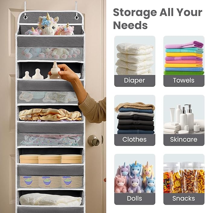 Ease of Assembly Over The Door Organizer,6 Tiers Anti Tilt Hanging Behind Door Storage, Heavy-Duty Reinforced Mesh Rack Holds 44lb for Bathroom,Pantry, Nursery,Closet, Shoes, Towels,Dark Grey