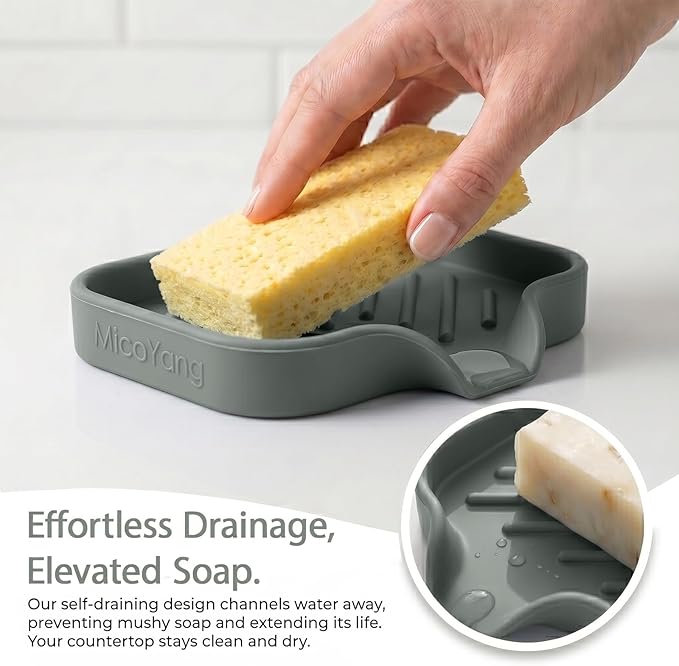MicoYang Silicone Soap Dish with Drain Spout — Self-Draining Sink Organizer Tray for Bathroom & Kitchen, Holds Bar Soap, Sponges & Dispensers, Non-Slip & Dishwasher Safe, Grey (Small, 4.9"×3.2")