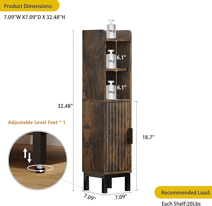 FerniTry Small Bathroom Storage Cabinet, Corner Floor Narrow Toilet Paper Cabinet with Door and Shelves,Bathroom Organizer with Adjustable Shelf, for Small Spaces (Rustic Brown)
