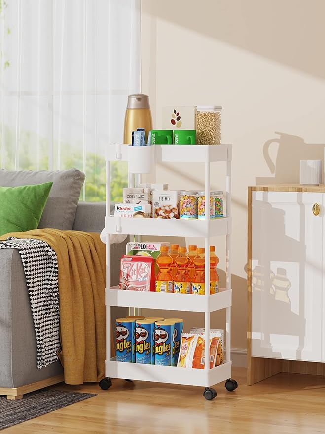 Slim Rolling Storage Cart, 7.1" W+White