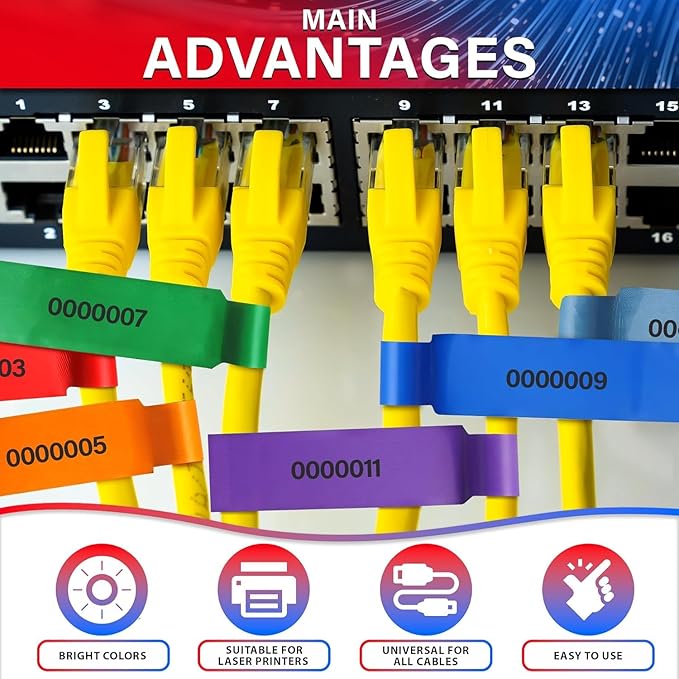 240 PCS Wire Tags for Cable Management – Cable Labels for Cords in 8 Colors - Durable, Self-Adhesive Cord Label Set, Tear-Resistant & Waterproof Wire Labels Tags - Compatible with Laser Printers