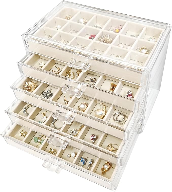 Acrylic Earring Holder Organizer with 5 Drawers Clear Earring Organizer Box with 90 Adjustable Grids Velvet Earring Display Case Jewelry Organizer for Earrings Rings Studs (Beige)