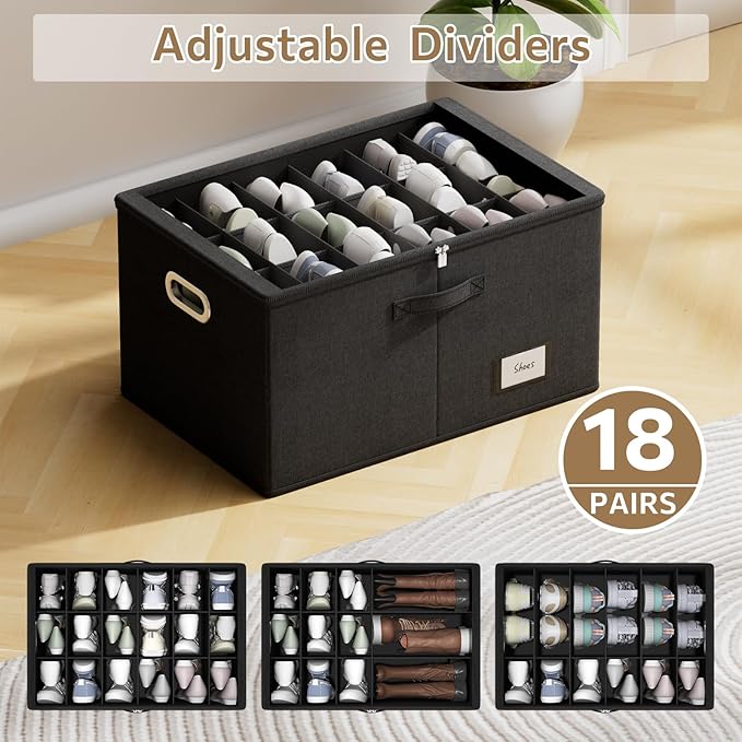 Shoe Organizer for Closet, Shoe Box Storage Containers Fit 18 Pairs Foldable Shoe Storage Bins with Clear Cover & Adjustable Dividers for Shoes Blankets Linen Clothing (Black, (24.4*16.5*12.9)x1)
