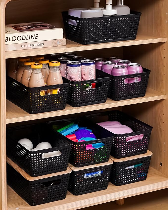 Storage Bins with Lids 10 Packs, Plastic Storage Bins with Bamboo Lids for Pantry Organization and Storage Containers for Shelves Drawers Desktop Closet Playroom Classroom Office Home, Black
