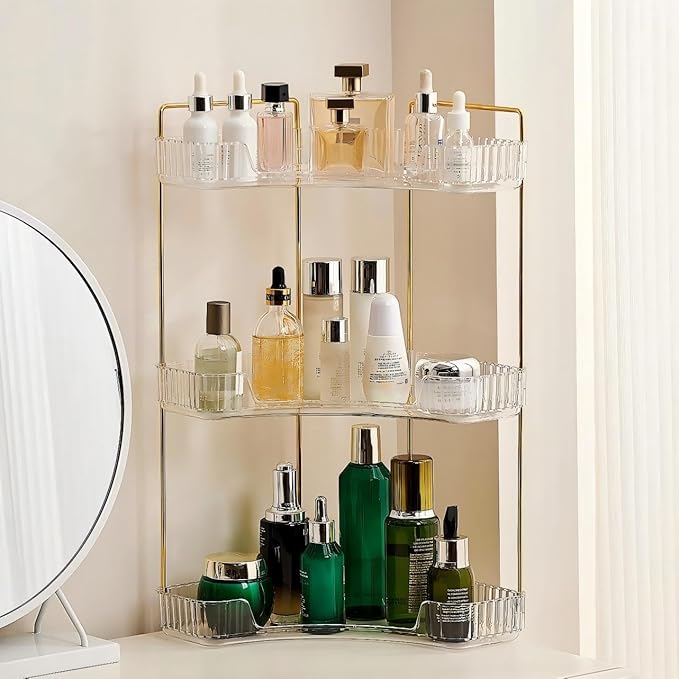Ceruaxb 3-Tier Corner Bathroom Counter Organizer, Plastic Countertop Makeup Organizer, Large Capacity Vanity Bathroom Perfume Shelf Rack for Kitchen Office Desktop (Clear)