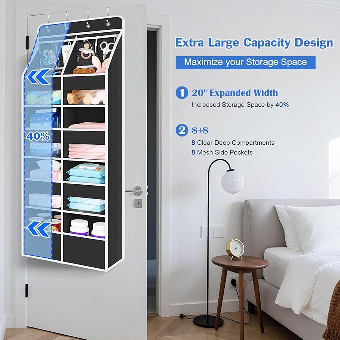 Univivi 5-Shelf Over Door Hanging Organizer Fabric Door Storage for Baby Nursery Nursery Closet Cabinet Wall Mount Hanging Storage Organizers with 8 Deep Pockets and 4 Small PVC Pockets(Black)