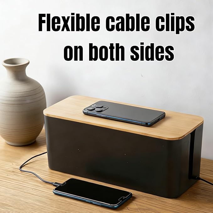 1Large+1Small Cable Organizer Set with 4 Silicone Cable Ties, 2-Piece Cable Management Box, Bamboo Lid Cord Organizer for Home Office,Set of Two Cable Box,Cable Organizer Box(Bamboo lid/Black)