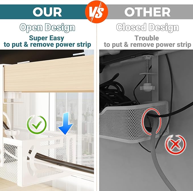 Cable Management Under Desk, 25.3'' No Drill Desk Cable Management Tray with Clamp, Metal Cord Organizer for Standing Desk, Computer Wire Management for Home Office & Gaming Setup, White