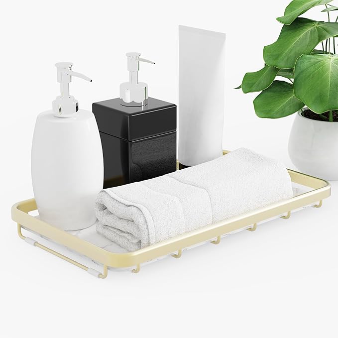 Counter Organizer for Bathroom, Kitchen or Coffee Bar, Metal Shelf with Faux Marble, Vanity Countertop Makeup Storage, Dresser Perfume Display Rack, Toilet Tank Tray (Matte Gold, 1-tier)