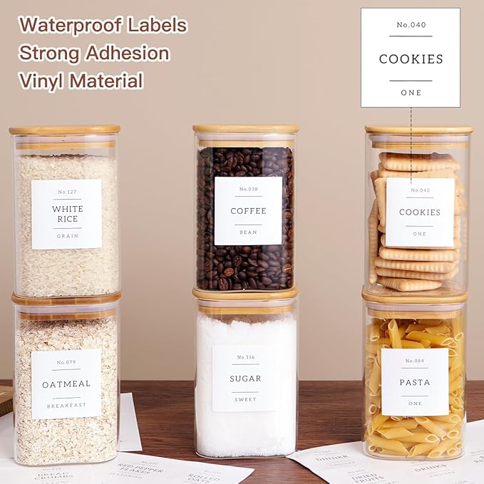 6 Pack Square Kitchen Storage Jars with Airtight Bamboo Lids and 132 Pantry