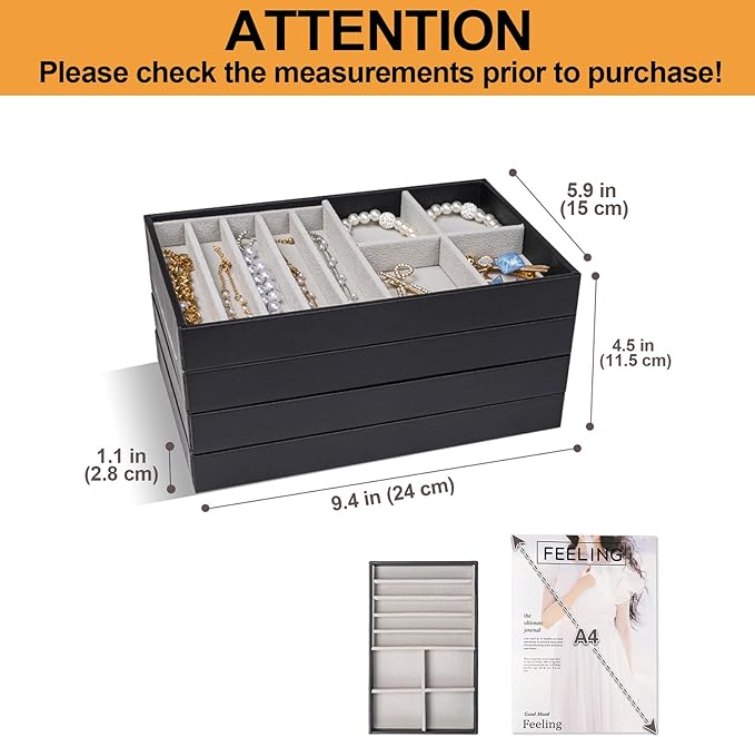ProCase Stackable Jewelry Organizer Trays for Drawers, Jewelry Drawer Inserts Container Display Case Storage for Earring Necklace Rings Bracelet with Removable Dividers -Black, 4 Layers