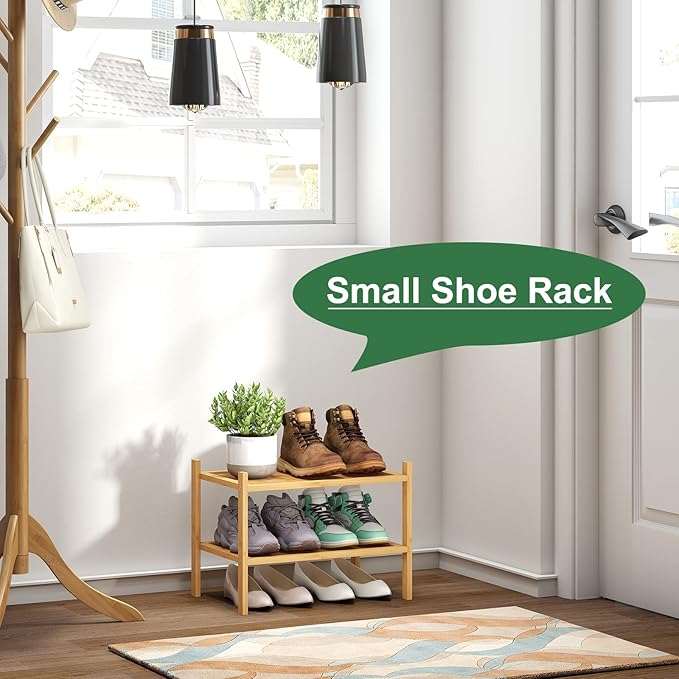 kiplant Small Shoe Rack, 2-Tier Bamboo Wood Shoe Rack for Entryway, Stackable Shoe Organizer for Hallway Closet, Free Standing Shoe Racks for Indoor & Outdoor