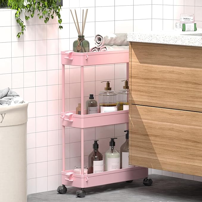 Slim Rolling Storage Cart, Pink