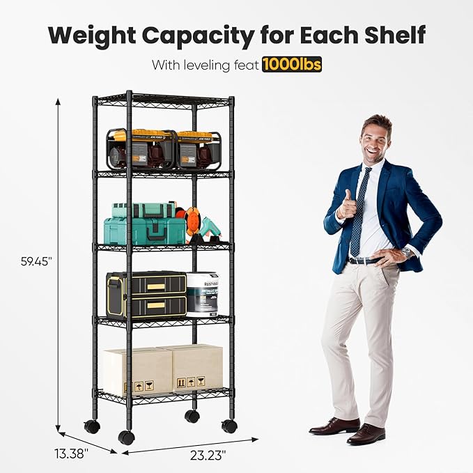 DUMOS 5-Tier Metal Wire Storage Shelves, Adjustable Standing Storage Rack Shelf with Wheels, Heavy Duty Steel Shelving Unit Organizers for Kitchen Bathroom Pantry Garage, 23.2"W×13.4"D×59.1"H, Black