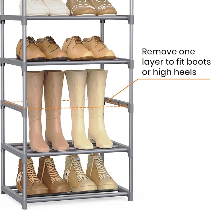 10 Tiers Tall Shoe Rack Narrow 20-24 Pairs Shoe Rack for Closet Entryway Vertical Metal Shoe Rack Organizer Shoe and Boots Organizer Storage Sturdy Shoe Shelf Shoe Stand Gray