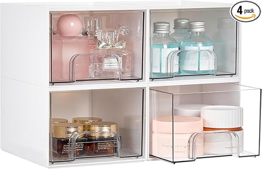 4Pack Small Stackable Storage Drawers, Bathroom Makeup Organizer