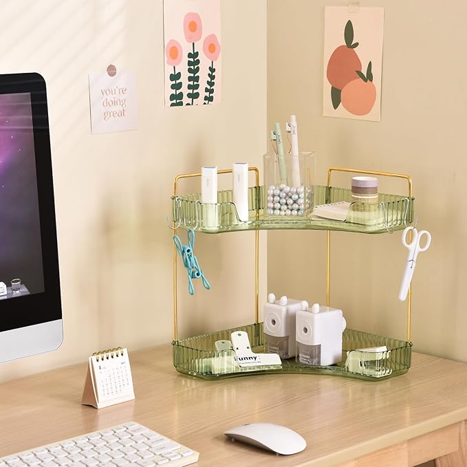 2-Tier Corner Bathroom Organizer Countertop with Hooks, Green Gold