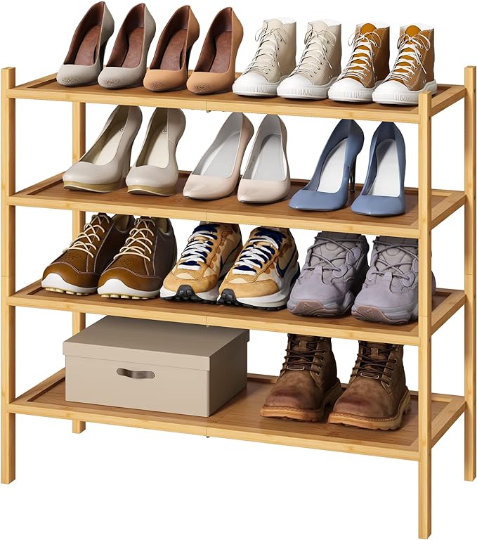 kiplant 4-Tier Shoe Rack for Entryway, Bamboo Wood Shoe Rack 4-Tier, Stackable Shoe Organizer for Closet, Free Standing Shoe Racks for Indoor & Outdoor